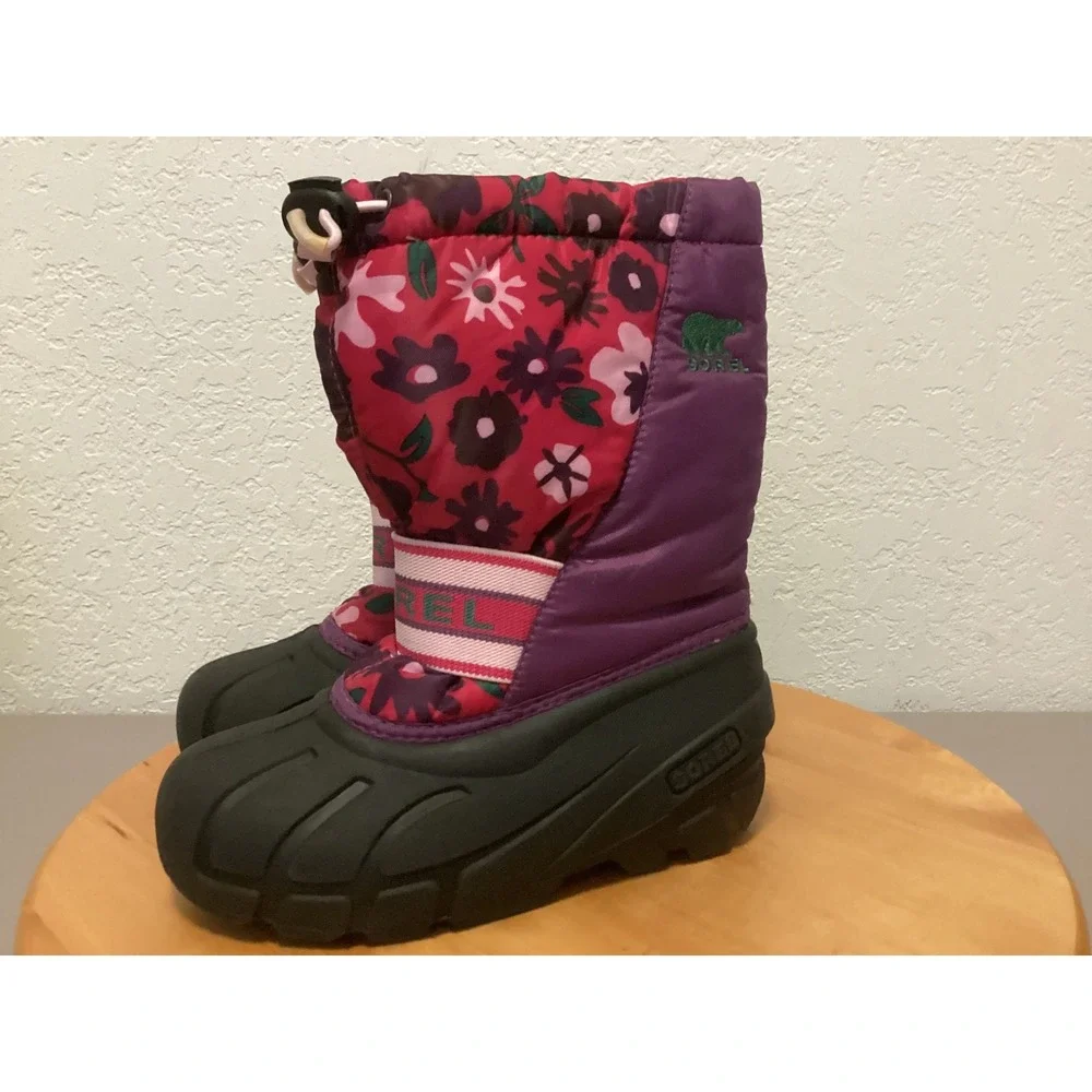 Sorel Snow Boots Kids 12.5 Purple Pink Floral Waterproof Insulated NC1811-505